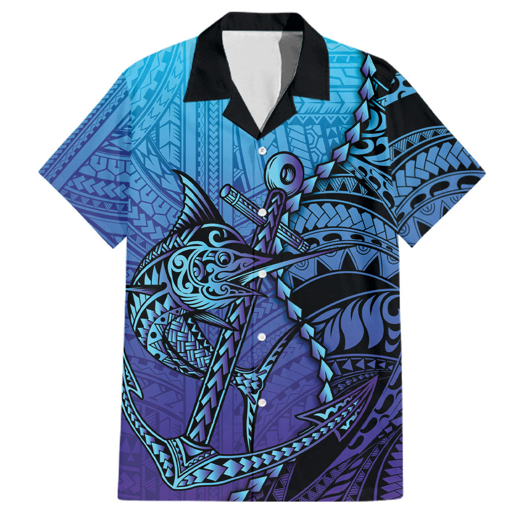 Personalised Polynesia Blue Marlin Fishing Family Matching Puletasi and Hawaiian Shirt Marlin Anchor Tattoo Polynesian Pattern