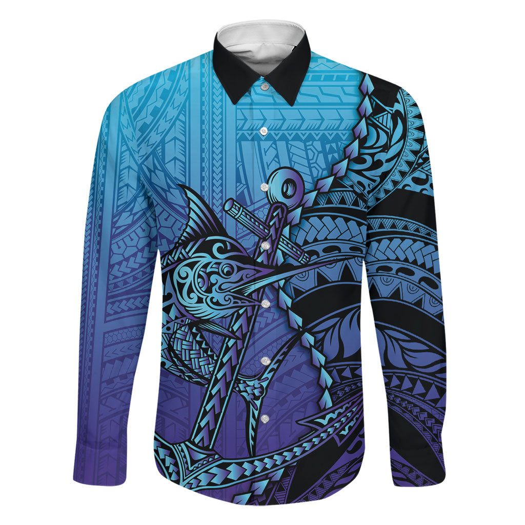 Personalised Polynesia Blue Marlin Fishing Family Matching Puletasi and Hawaiian Shirt Marlin Anchor Tattoo Polynesian Pattern