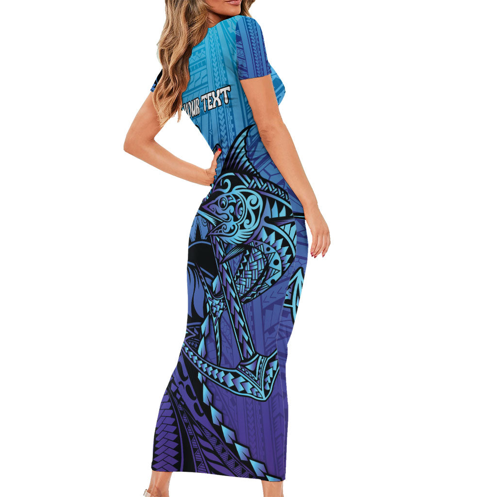 Personalised Polynesia Blue Marlin Fishing Family Matching Short Sleeve Bodycon Dress and Hawaiian Shirt Marlin Anchor Tattoo Polynesian Pattern LT14 - Polynesian Pride