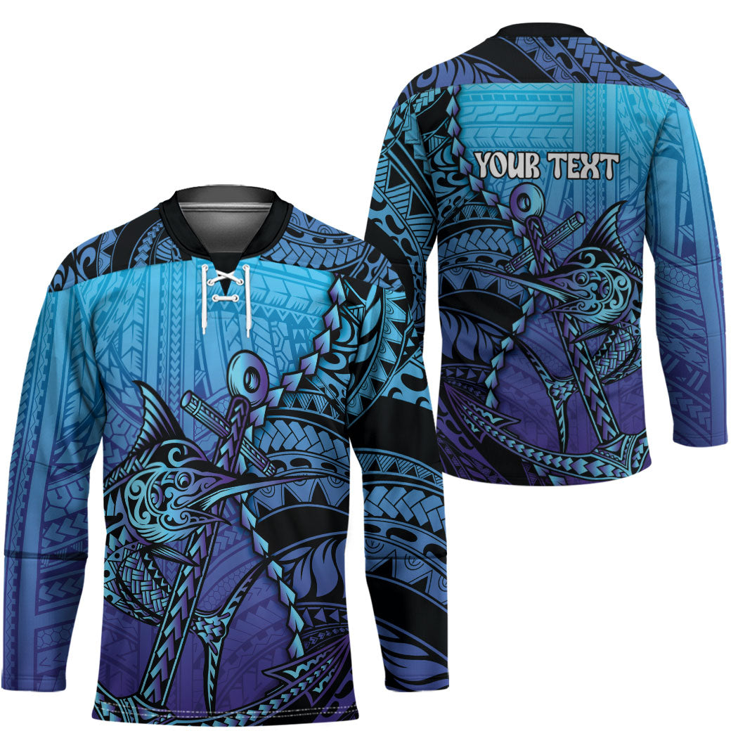 Personalised Polynesia Blue Marlin Fishing Hockey Jersey Marlin Anchor Tattoo Polynesian Pattern