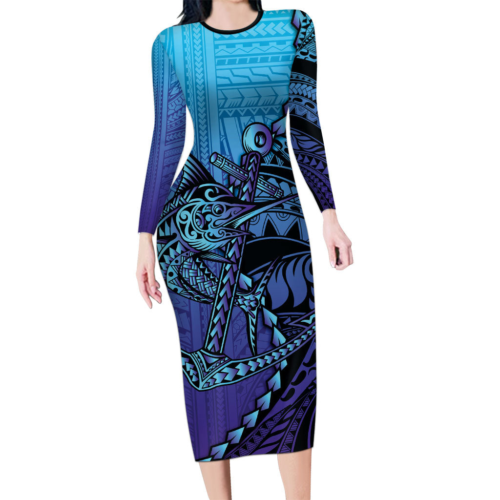 Personalised Polynesia Blue Marlin Fishing Long Sleeve Bodycon Dress Marlin Anchor Tattoo Polynesian Pattern