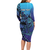 Personalised Polynesia Blue Marlin Fishing Long Sleeve Bodycon Dress Marlin Anchor Tattoo Polynesian Pattern