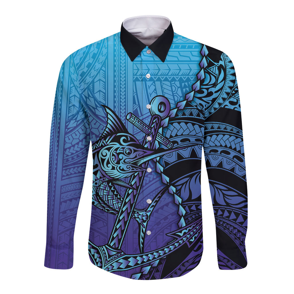 Personalised Polynesia Blue Marlin Fishing Long Sleeve Button Shirt Marlin Anchor Tattoo Polynesian Pattern