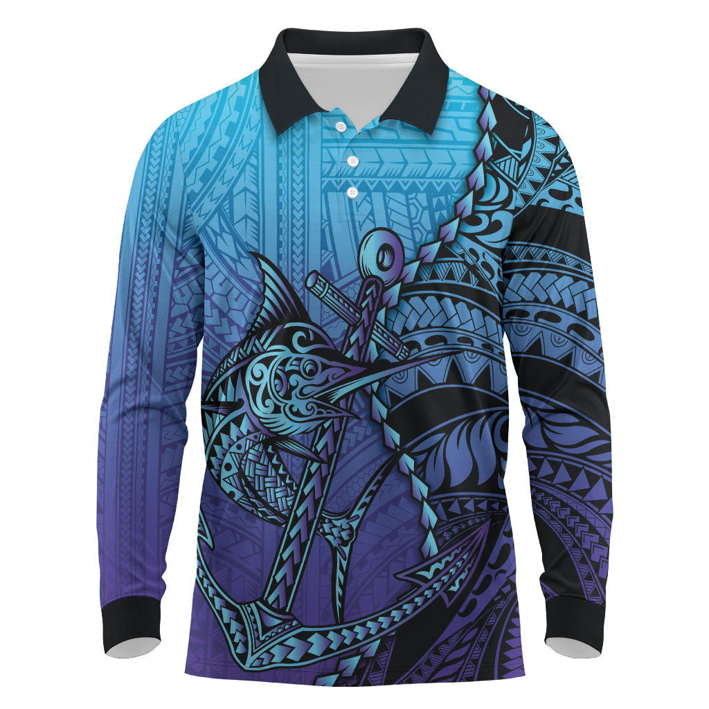 Personalised Polynesia Blue Marlin Fishing Long Sleeve Polo Shirt Marlin Anchor Tattoo Polynesian Pattern