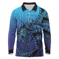 Personalised Polynesia Blue Marlin Fishing Long Sleeve Polo Shirt Marlin Anchor Tattoo Polynesian Pattern