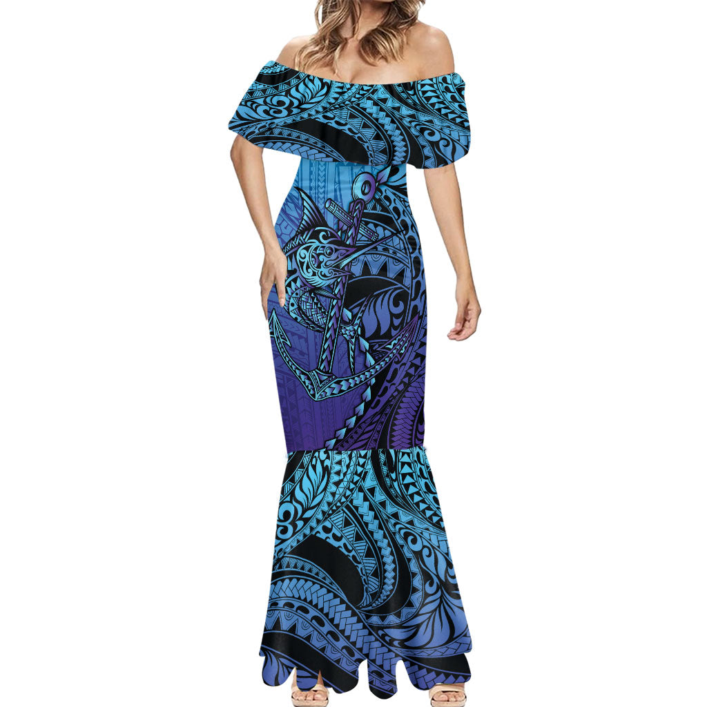 Personalised Polynesia Blue Marlin Fishing Mermaid Dress Marlin Anchor Tattoo Polynesian Pattern