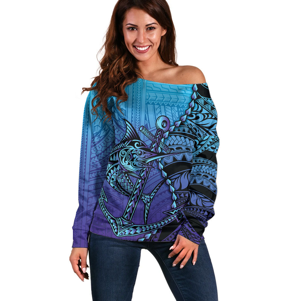 Personalised Polynesia Blue Marlin Fishing Off Shoulder Sweater Marlin Anchor Tattoo Polynesian Pattern