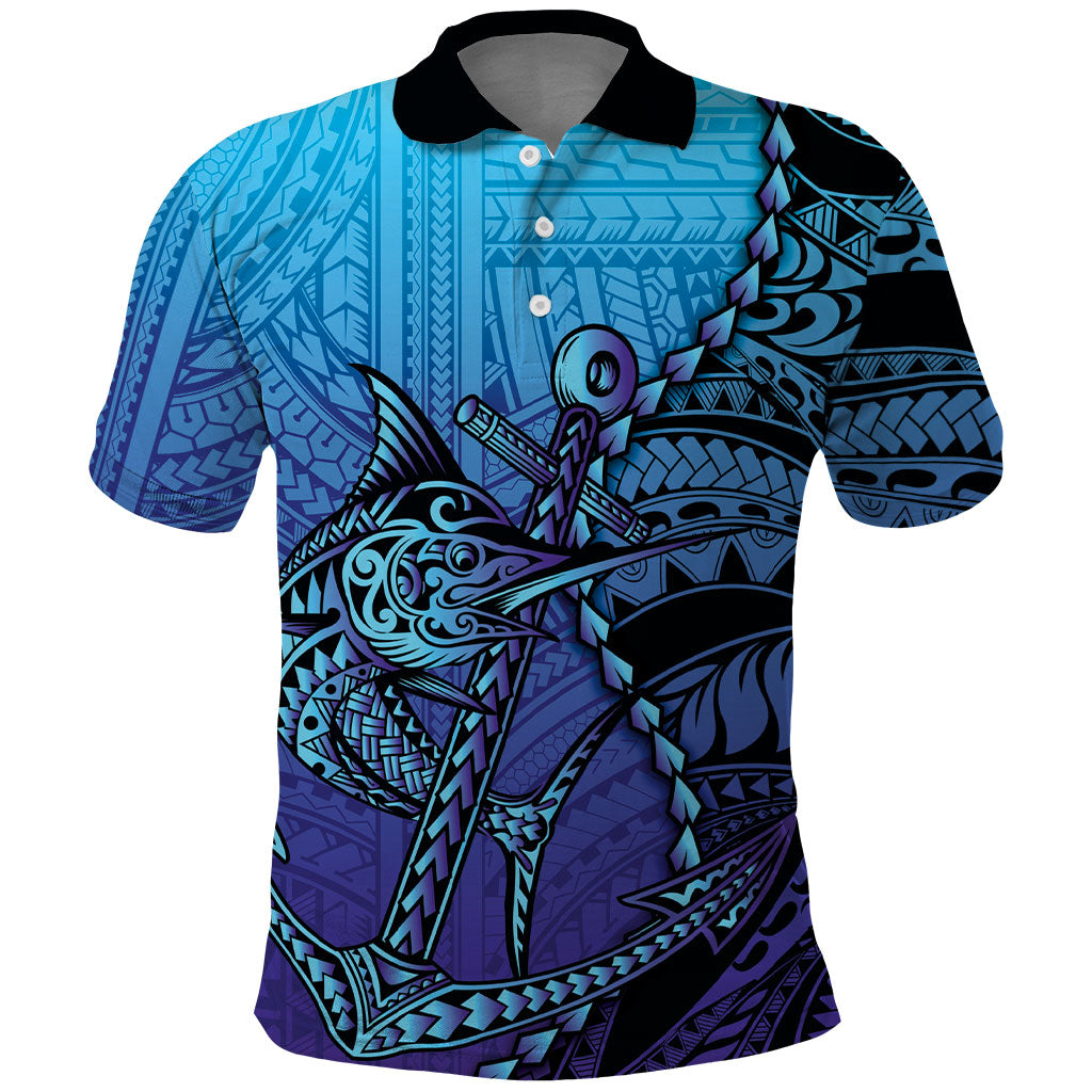 Personalised Polynesia Blue Marlin Fishing Polo Shirt Marlin Anchor Tattoo Polynesian Pattern