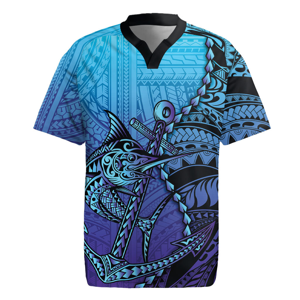 Personalised Polynesia Blue Marlin Fishing Rugby Jersey Marlin Anchor Tattoo Polynesian Pattern