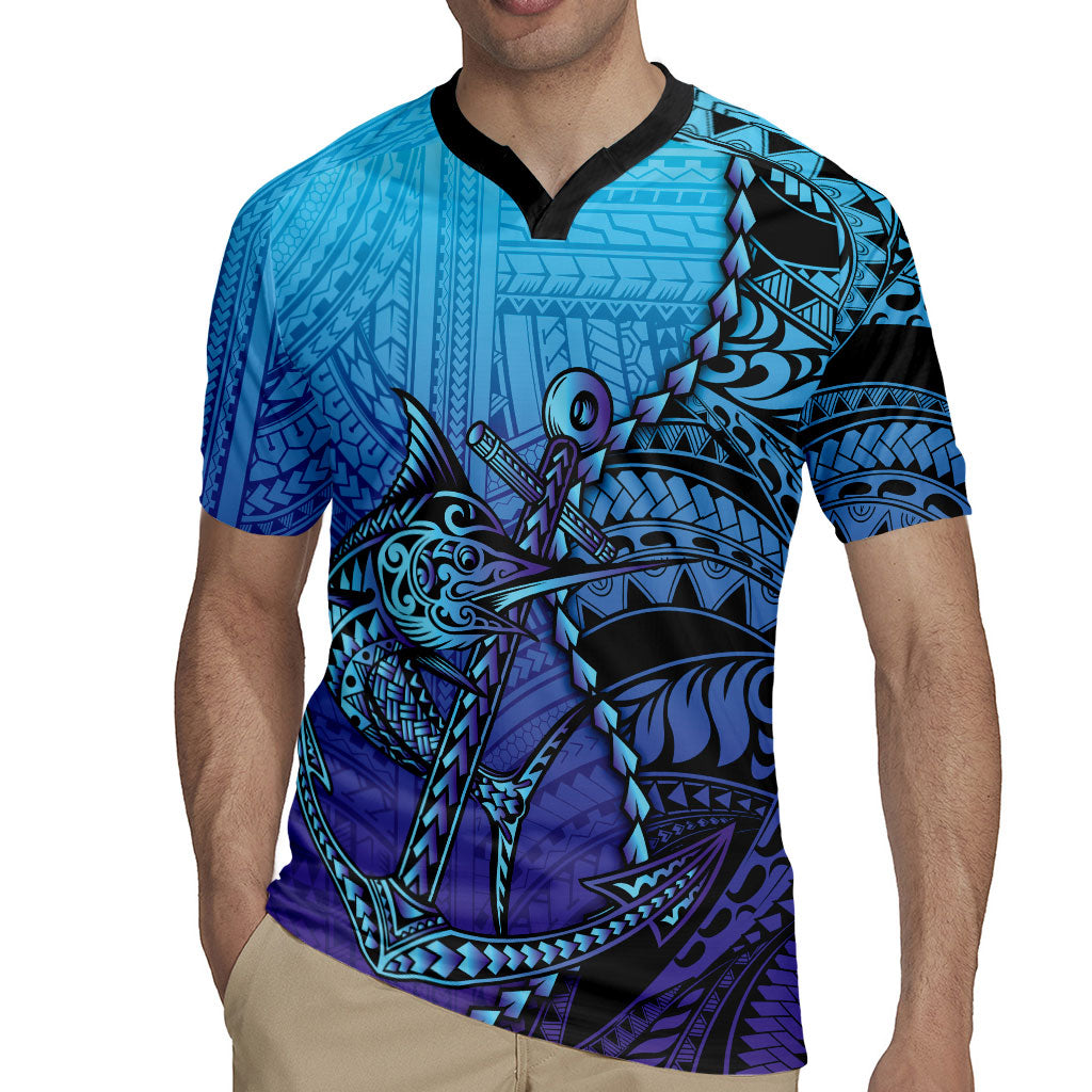 Personalised Polynesia Blue Marlin Fishing Rugby Jersey Marlin Anchor Tattoo Polynesian Pattern
