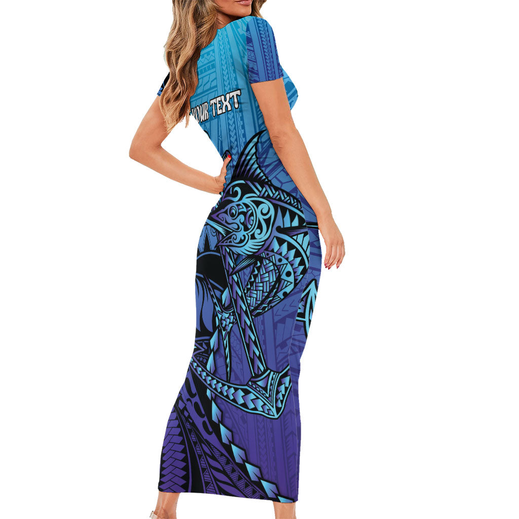 Personalised Polynesia Blue Marlin Fishing Short Sleeve Bodycon Dress Marlin Anchor Tattoo Polynesian Pattern