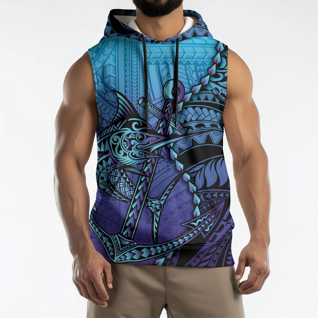 Personalised Polynesia Blue Marlin Fishing Sleeveless Hoodie Marlin Anchor Tattoo Polynesian Pattern