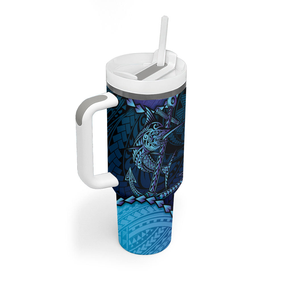 Personalised Polynesia Blue Marlin Fishing Tumbler With Handle Marlin Anchor Tattoo Polynesian Pattern