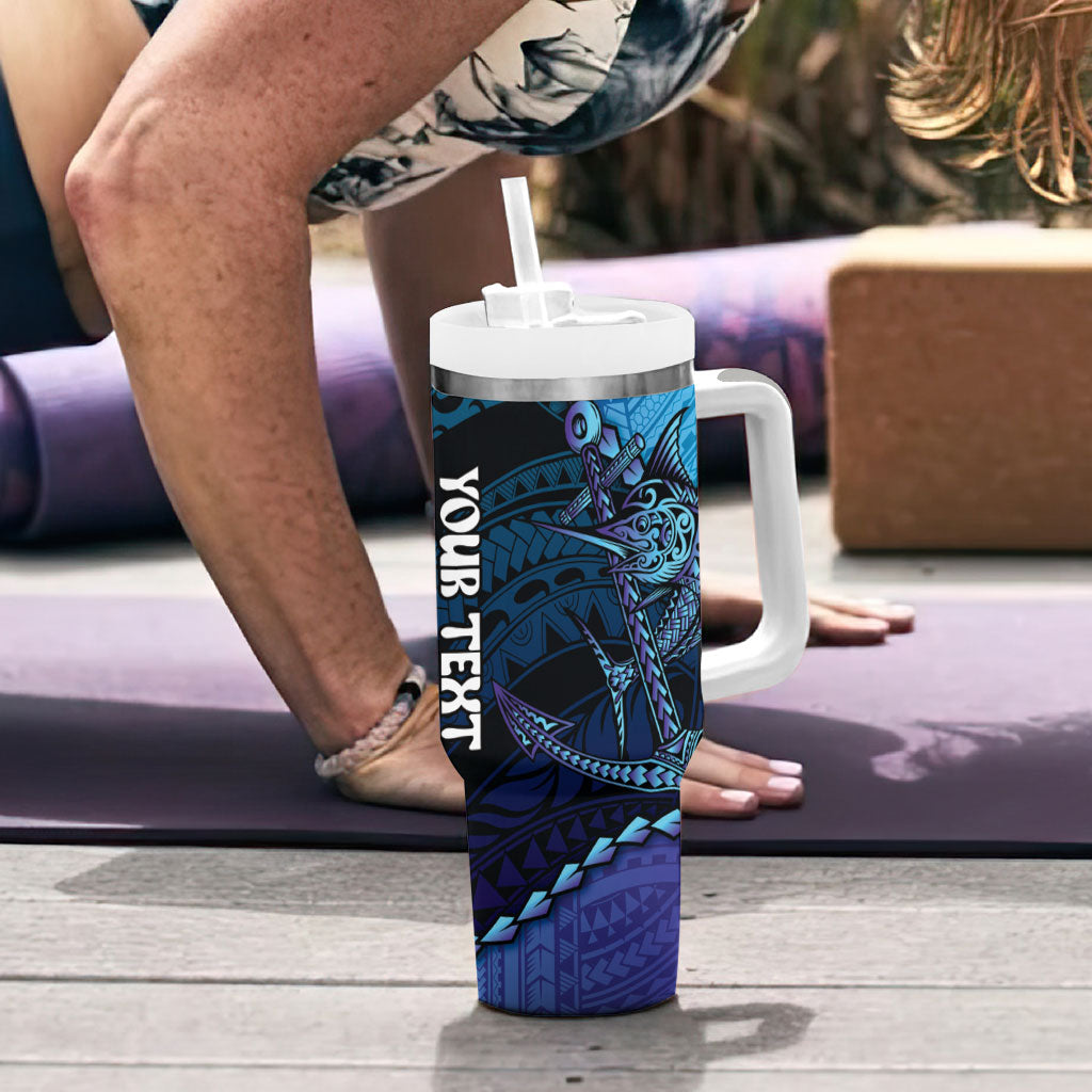 Personalised Polynesia Blue Marlin Fishing Tumbler With Handle Marlin Anchor Tattoo Polynesian Pattern