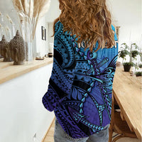Personalised Polynesia Blue Marlin Fishing Women Casual Shirt Marlin Anchor Tattoo Polynesian Pattern