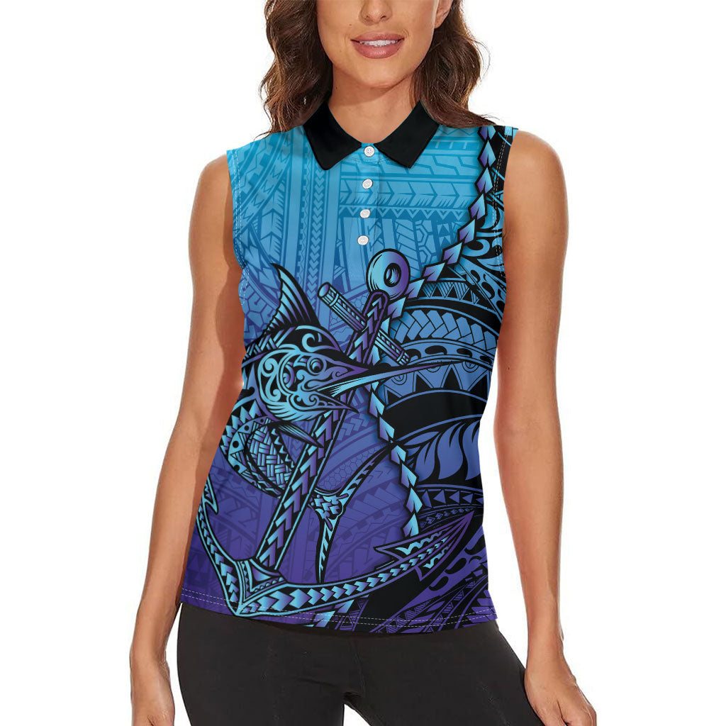 Personalised Polynesia Blue Marlin Fishing Women Sleeveless Polo Shirt Marlin Anchor Tattoo Polynesian Pattern