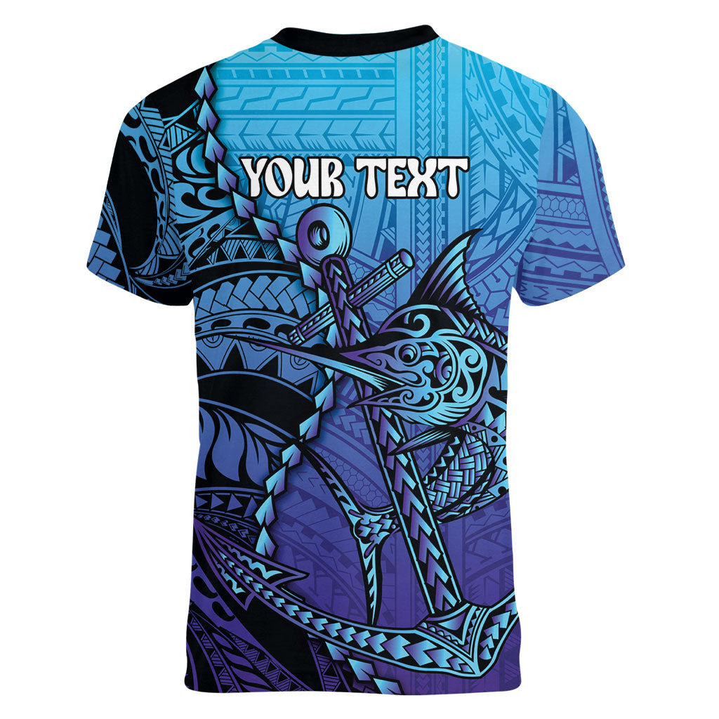 Personalised Polynesia Blue Marlin Fishing Women V-Neck T-Shirt Marlin Anchor Tattoo Polynesian Pattern