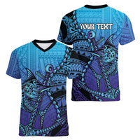 Personalised Polynesia Blue Marlin Fishing Women V-Neck T-Shirt Marlin Anchor Tattoo Polynesian Pattern