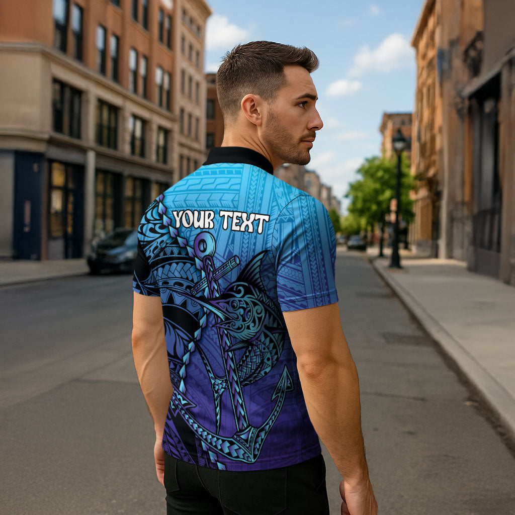 Personalised Polynesia Blue Marlin Fishing Zipper Polo Shirt Marlin Anchor Tattoo Polynesian Pattern