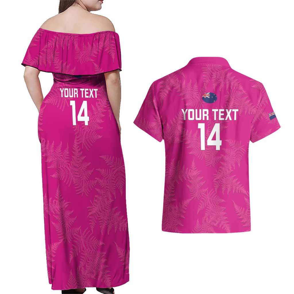 Custom New Zealand Silver Fern Rugby Couples Matching Off Shoulder Maxi Dress and Hawaiian Shirt Go Aotearoa - Pink Version