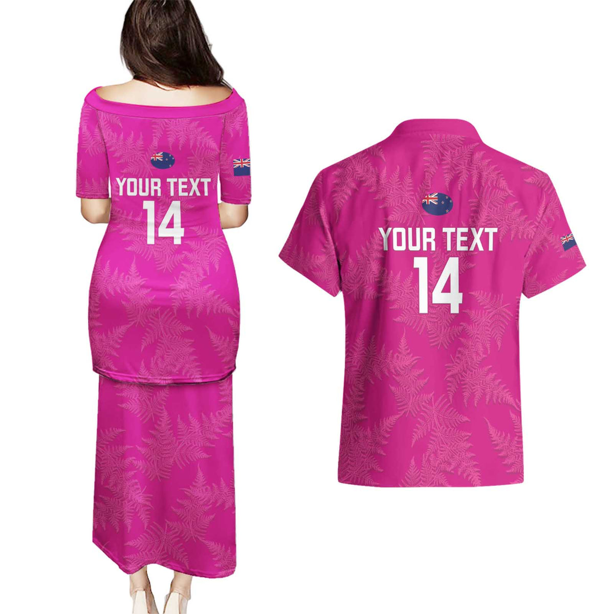 Custom New Zealand Silver Fern Rugby Couples Matching Puletasi and Hawaiian Shirt Go Aotearoa - Pink Version
