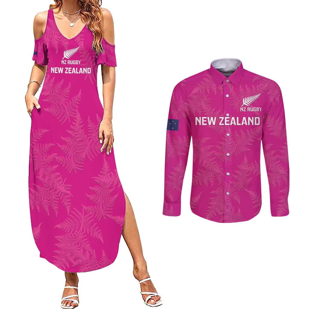 Custom New Zealand Silver Fern Rugby Couples Matching Summer Maxi Dress and Long Sleeve Button Shirt Go Aotearoa - Pink Version