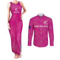 Custom New Zealand Silver Fern Rugby Couples Matching Tank Maxi Dress and Long Sleeve Button Shirt Go Aotearoa - Pink Version