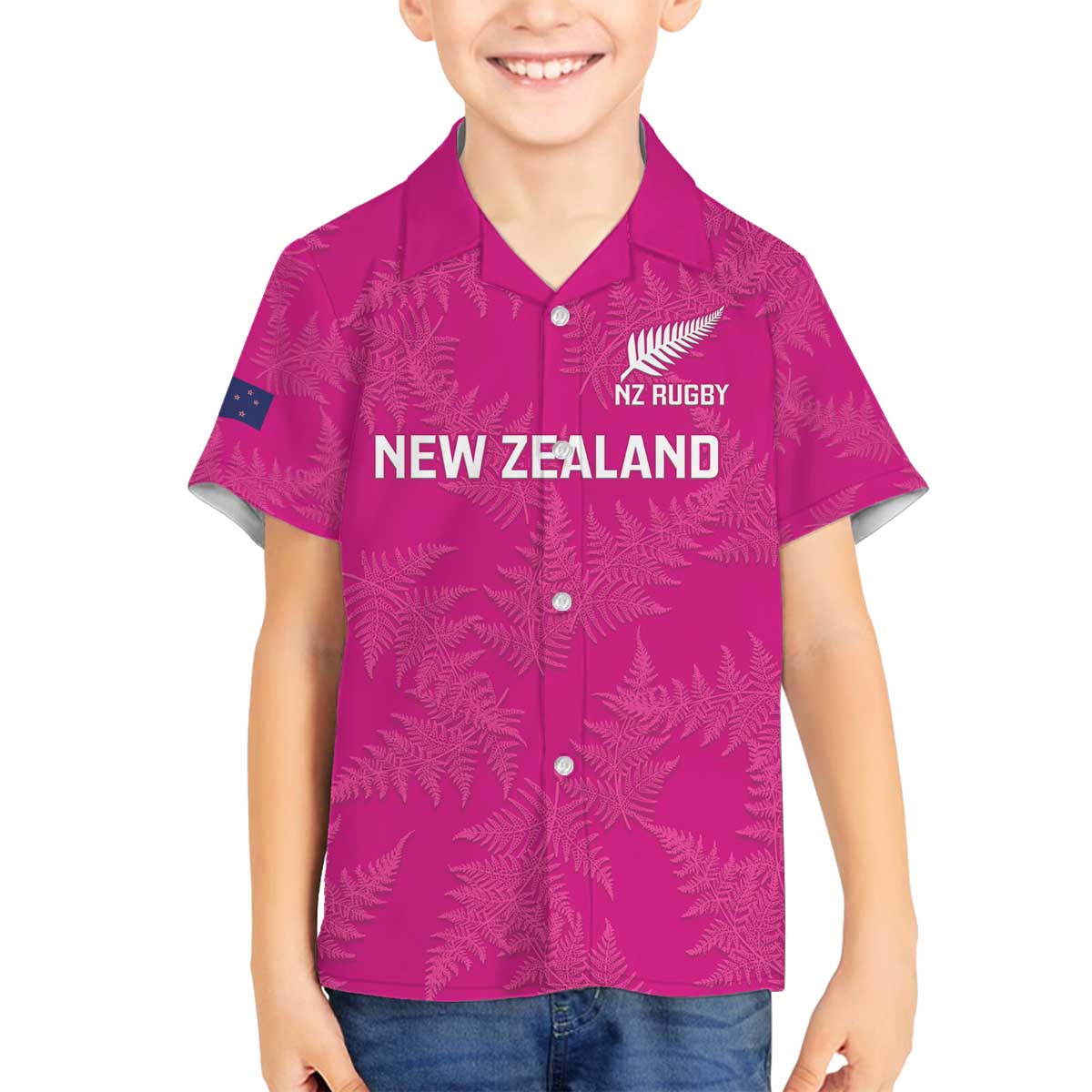 Custom New Zealand Silver Fern Rugby Family Matching Off The Shoulder Long Sleeve Dress and Hawaiian Shirt Go Aotearoa - Pink Version