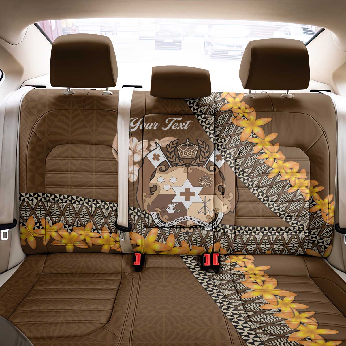 Personalised Tonga Language Week Back Car Seat Cover Malo e Lelei Tongan Ngatu Pattern - Brown