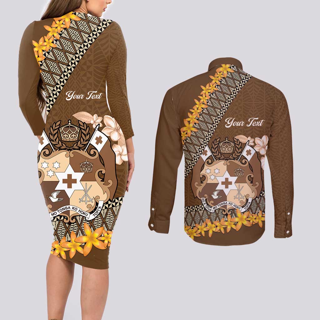 Personalised Tonga Language Week Couples Matching Long Sleeve Bodycon Dress and Long Sleeve Button Shirt Malo e Lelei Tongan Ngatu Pattern - Brown