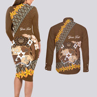 Personalised Tonga Language Week Couples Matching Long Sleeve Bodycon Dress and Long Sleeve Button Shirt Malo e Lelei Tongan Ngatu Pattern - Brown