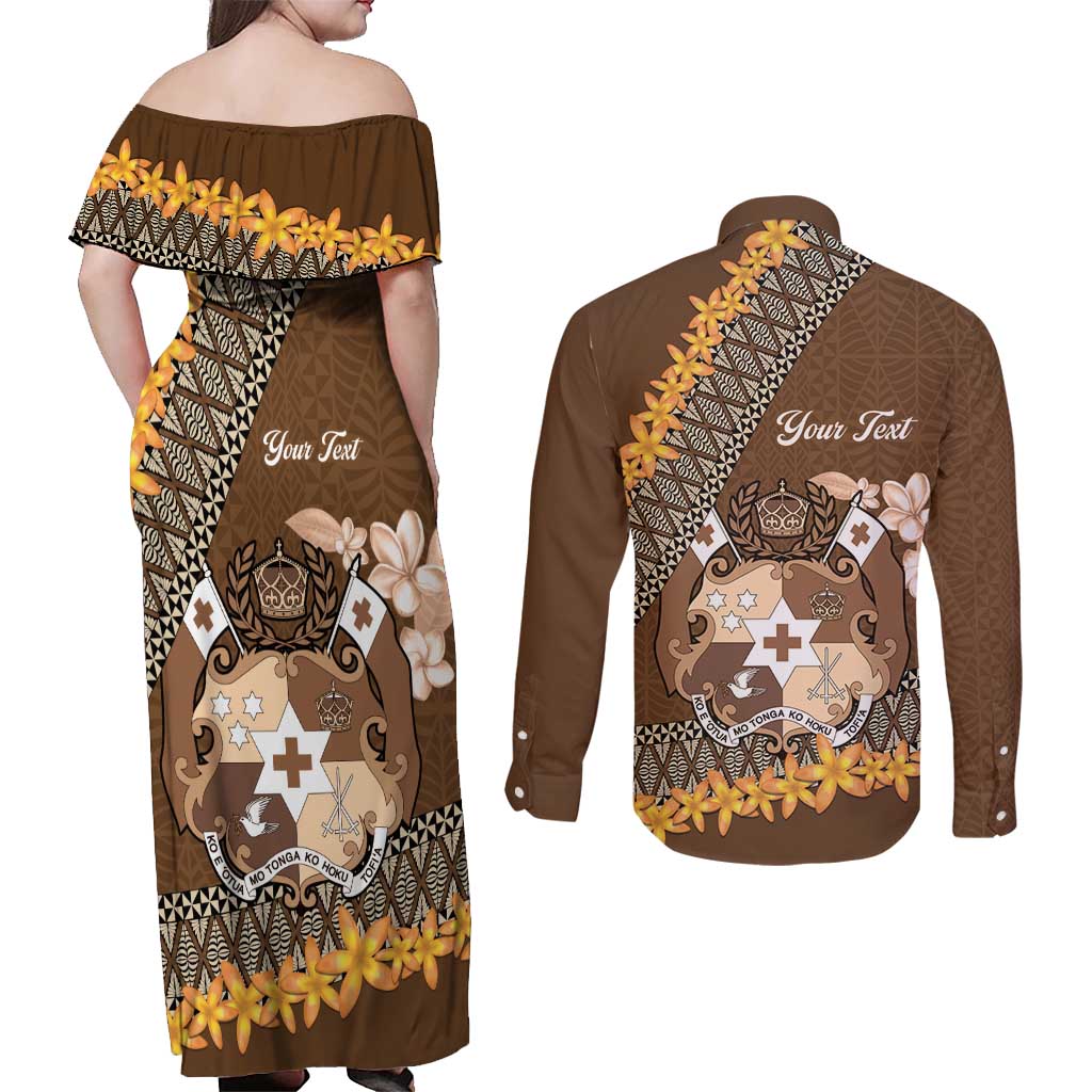 Personalised Tonga Language Week Couples Matching Off Shoulder Maxi Dress and Long Sleeve Button Shirt Malo e Lelei Tongan Ngatu Pattern - Brown