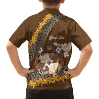 Personalised Tonga Language Week Family Matching Off The Shoulder Long Sleeve Dress and Hawaiian Shirt Malo e Lelei Tongan Ngatu Pattern - Brown LT14 - Polynesian Pride