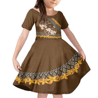Personalised Tonga Language Week Family Matching Off The Shoulder Long Sleeve Dress and Hawaiian Shirt Malo e Lelei Tongan Ngatu Pattern - Brown LT14 Daughter's Dress Brown - Polynesian Pride