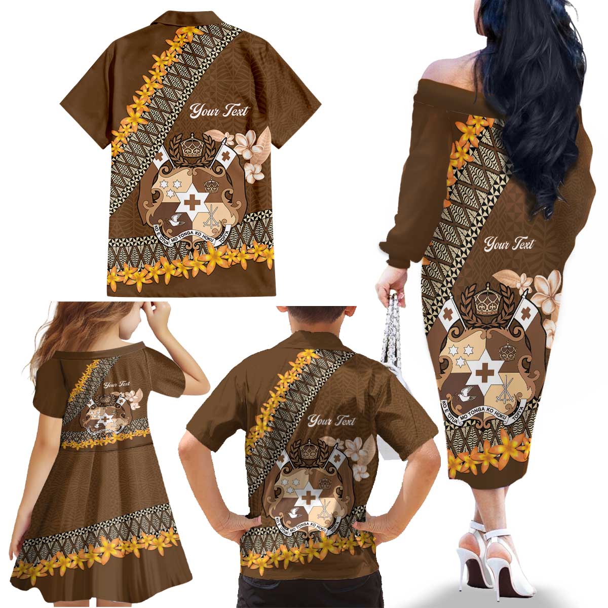 Personalised Tonga Language Week Family Matching Off The Shoulder Long Sleeve Dress and Hawaiian Shirt Malo e Lelei Tongan Ngatu Pattern - Brown LT14 - Polynesian Pride