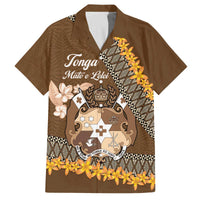 Personalised Tonga Language Week Family Matching Off The Shoulder Long Sleeve Dress and Hawaiian Shirt Malo e Lelei Tongan Ngatu Pattern - Brown LT14 Dad's Shirt - Short Sleeve Brown - Polynesian Pride