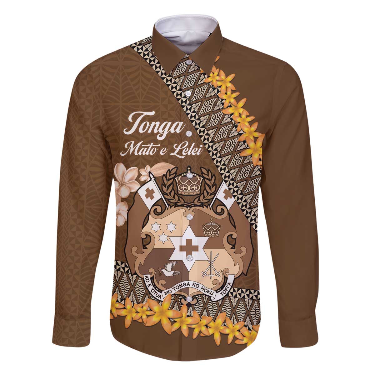 Personalised Tonga Language Week Family Matching Off The Shoulder Long Sleeve Dress and Hawaiian Shirt Malo e Lelei Tongan Ngatu Pattern - Brown LT14 Dad's Shirt - Long Sleeve Brown - Polynesian Pride