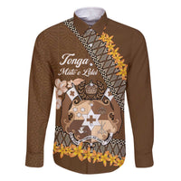 Personalised Tonga Language Week Family Matching Off The Shoulder Long Sleeve Dress and Hawaiian Shirt Malo e Lelei Tongan Ngatu Pattern - Brown LT14 Dad's Shirt - Long Sleeve Brown - Polynesian Pride