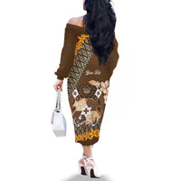 Personalised Tonga Language Week Family Matching Off The Shoulder Long Sleeve Dress and Hawaiian Shirt Malo e Lelei Tongan Ngatu Pattern - Brown LT14 - Polynesian Pride
