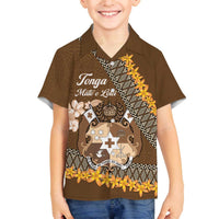 Personalised Tonga Language Week Family Matching Off The Shoulder Long Sleeve Dress and Hawaiian Shirt Malo e Lelei Tongan Ngatu Pattern - Brown LT14 Son's Shirt Brown - Polynesian Pride
