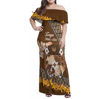 Personalised Tonga Language Week Family Matching Off Shoulder Maxi Dress and Hawaiian Shirt Malo e Lelei Tongan Ngatu Pattern - Brown