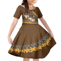Personalised Tonga Language Week Family Matching Short Sleeve Bodycon Dress and Hawaiian Shirt Malo e Lelei Tongan Ngatu Pattern - Brown LT14 Daughter's Dress Brown - Polynesian Pride