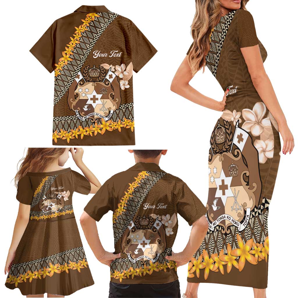 Personalised Tonga Language Week Family Matching Short Sleeve Bodycon Dress and Hawaiian Shirt Malo e Lelei Tongan Ngatu Pattern - Brown LT14 - Polynesian Pride