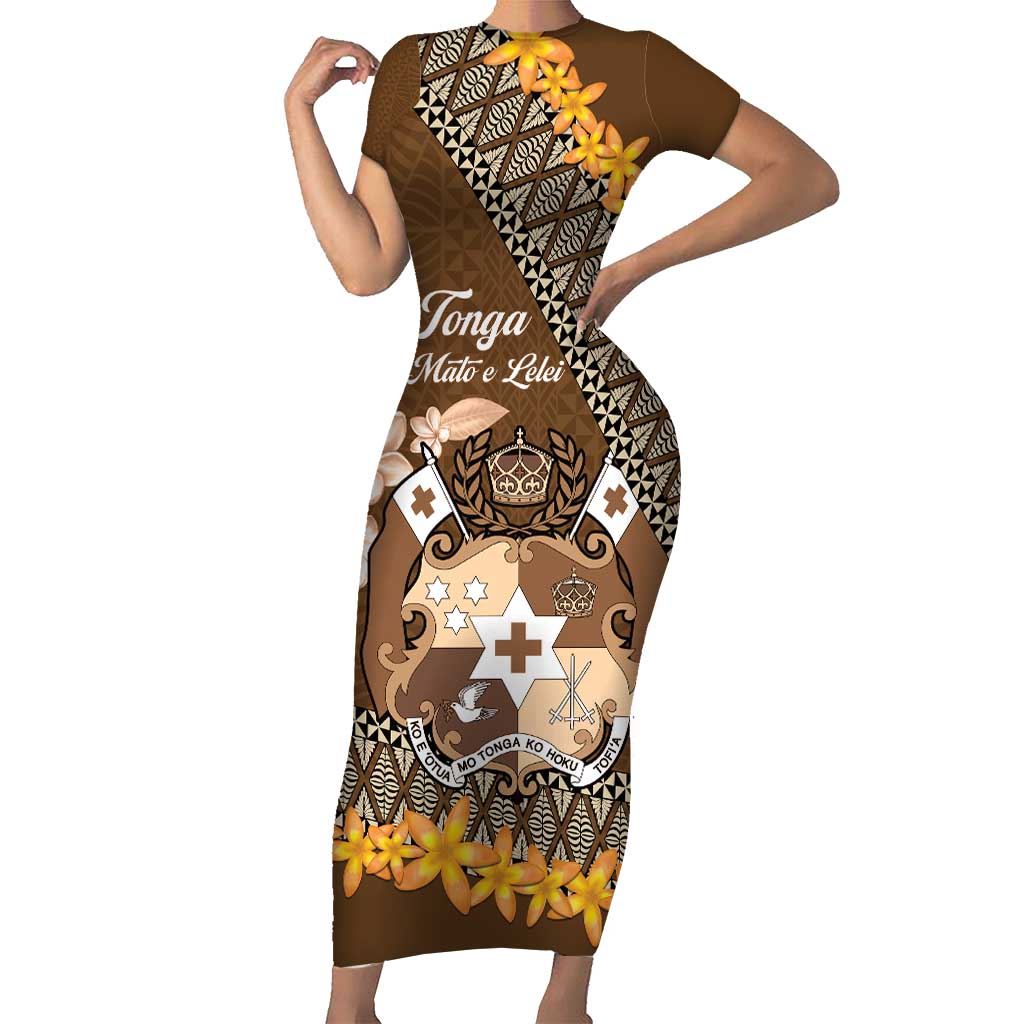 Personalised Tonga Language Week Family Matching Short Sleeve Bodycon Dress and Hawaiian Shirt Malo e Lelei Tongan Ngatu Pattern - Brown LT14 Mom's Dress Brown - Polynesian Pride