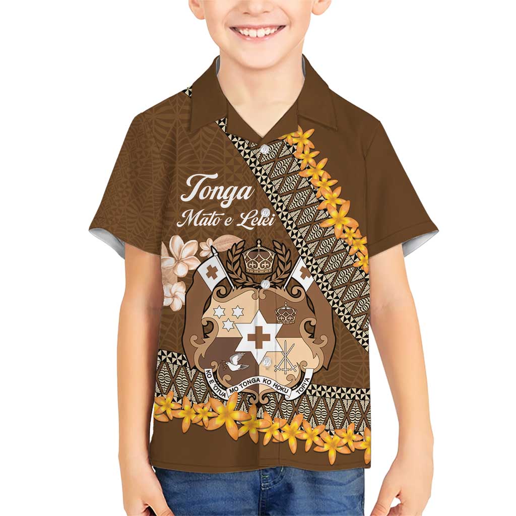 Personalised Tonga Language Week Family Matching Short Sleeve Bodycon Dress and Hawaiian Shirt Malo e Lelei Tongan Ngatu Pattern - Brown LT14 Son's Shirt Brown - Polynesian Pride
