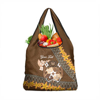 Personalised Tonga Language Week Grocery Bag Malo e Lelei Tongan Ngatu Pattern - Brown