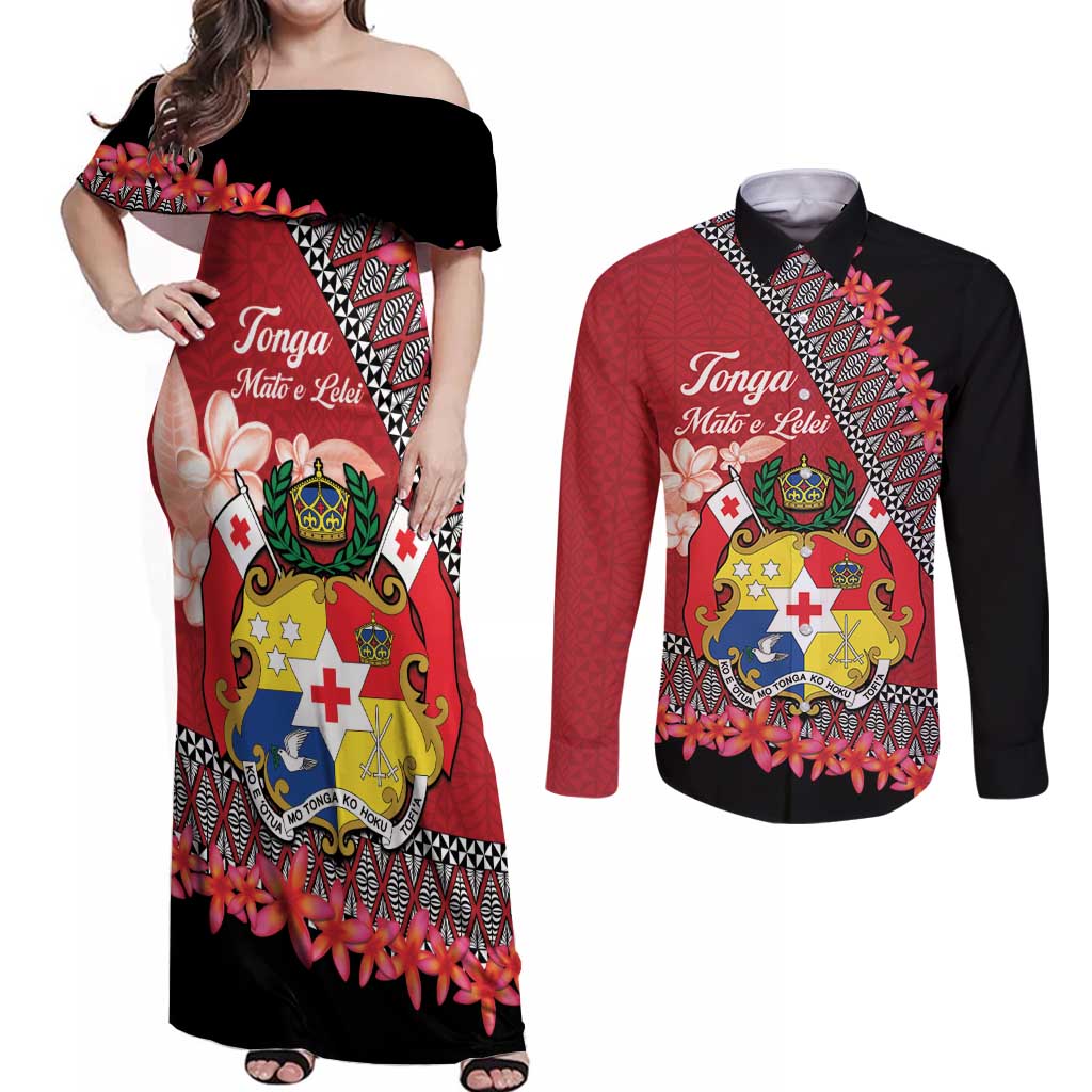 Personalised Tonga Language Week Couples Matching Off Shoulder Maxi Dress and Long Sleeve Button Shirt Malo e Lelei Tongan Ngatu Pattern - Red