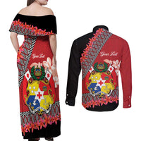 Personalised Tonga Language Week Couples Matching Off Shoulder Maxi Dress and Long Sleeve Button Shirt Malo e Lelei Tongan Ngatu Pattern - Red