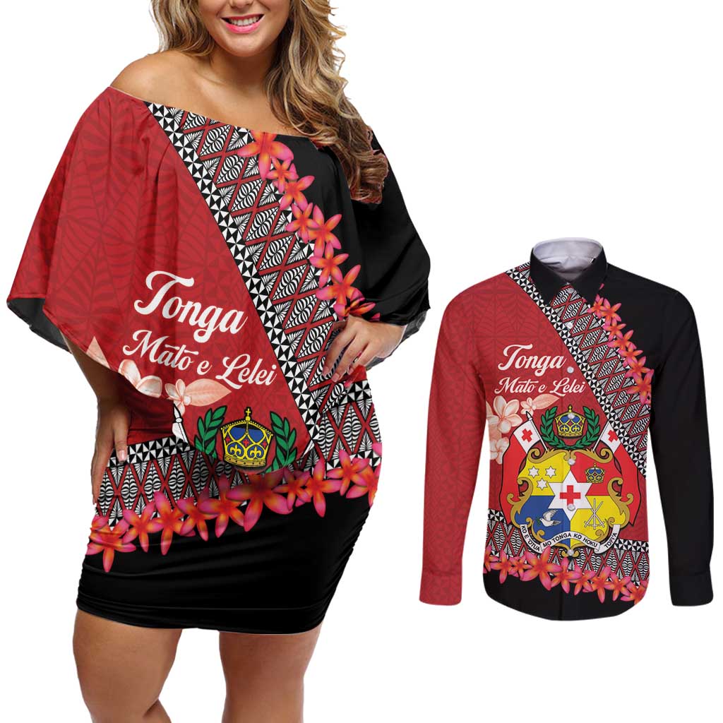 Personalised Tonga Language Week Couples Matching Off Shoulder Short Dress and Long Sleeve Button Shirt Malo e Lelei Tongan Ngatu Pattern - Red