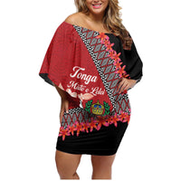 Personalised Tonga Language Week Family Matching Off Shoulder Short Dress and Hawaiian Shirt Malo e Lelei Tongan Ngatu Pattern - Red
